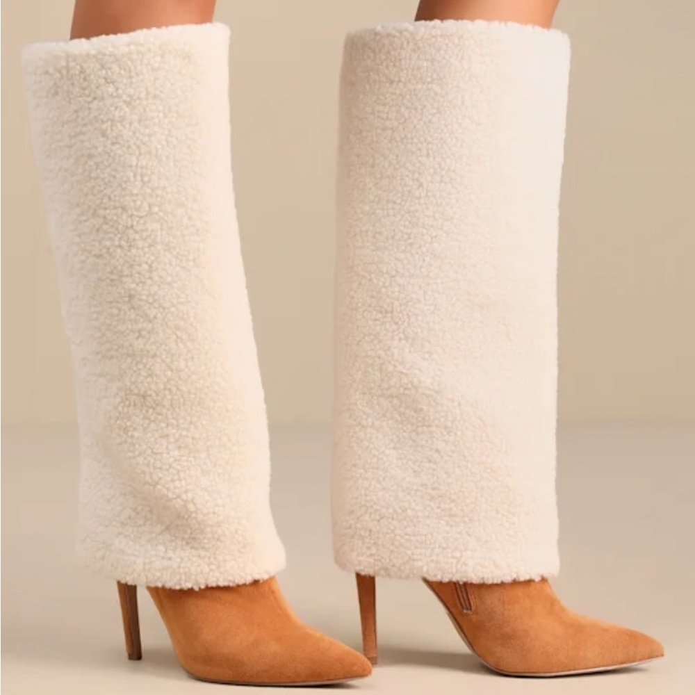Tan Suede Faux Fur Fold-Over Knee-High Boots
